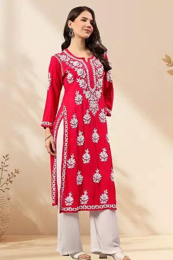 Seva chikan hand embroidered lucknowi chikankari magenta rayon kurta scl4470