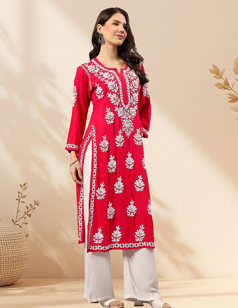 Seva chikan hand embroidered lucknowi chikankari magenta rayon kurta scl4470