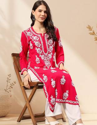 Seva chikan hand embroidered lucknowi chikankari magenta rayon kurta scl4470 5
