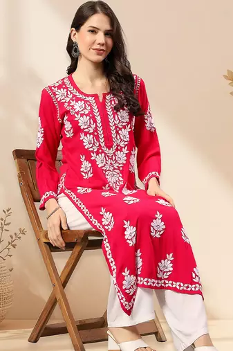 Seva chikan hand embroidered lucknowi chikankari magenta rayon kurta scl4470