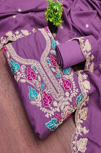 Vichitra silk embroidered unstitched suit with heavy santoon bottom and vichitra silk dupatta