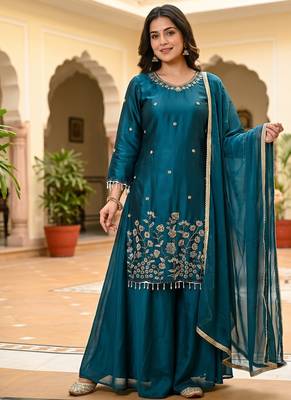 Women teal blue embroidered kurta palazzo set with dupatta 1