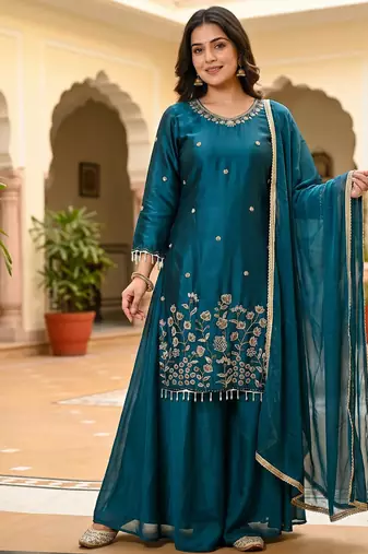Women teal blue embroidered kurta palazzo set with dupatta