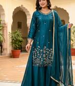 Women teal blue embroidered kurta palazzo set with dupatta