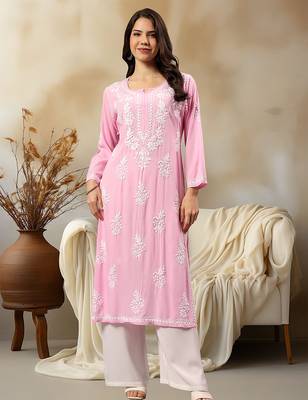 Seva chikan hand embroidered lucknowi chikankari pink rayon kurta scl4407 1
