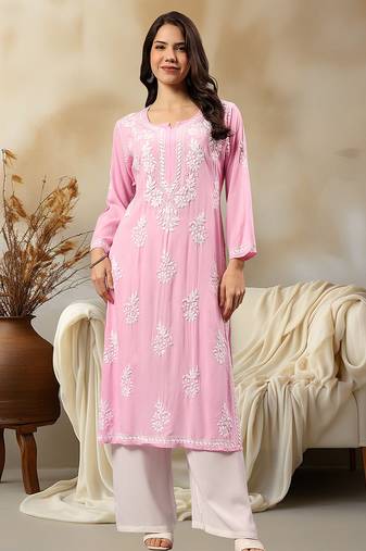 hand embroidered lucknowi chikankari pink rayon kurta