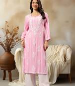 Seva chikan hand embroidered lucknowi chikankari pink rayon kurta scl4407