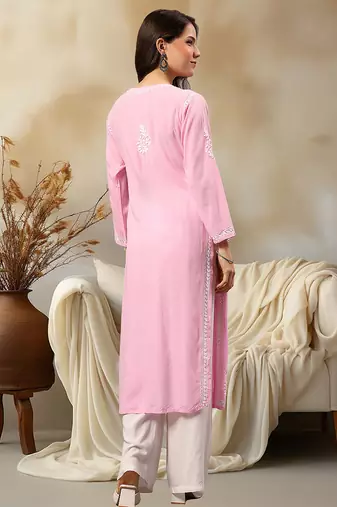 Seva chikan hand embroidered lucknowi chikankari pink rayon kurta scl4407