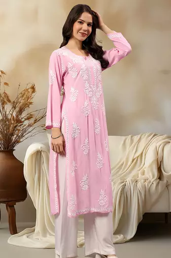 Seva chikan hand embroidered lucknowi chikankari pink rayon kurta scl4407
