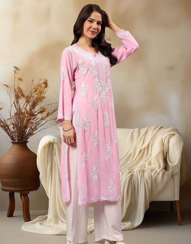 Seva chikan hand embroidered lucknowi chikankari pink rayon kurta scl4407