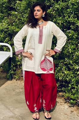 Women embroidered white & maroon cotton afghani salwar suit set with dupatta 3