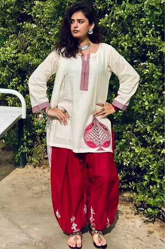 Women embroidered white & maroon cotton afghani salwar suit set with dupatta