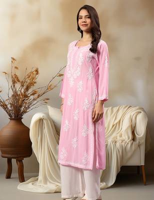 Seva chikan hand embroidered lucknowi chikankari pink rayon kurta scl4407 4