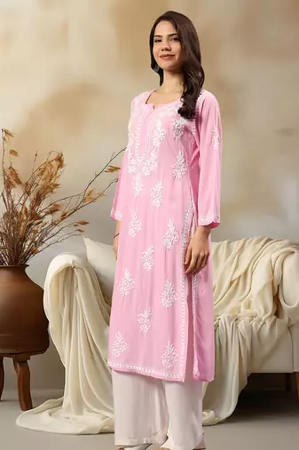 Seva chikan hand embroidered lucknowi chikankari pink rayon kurta scl4407