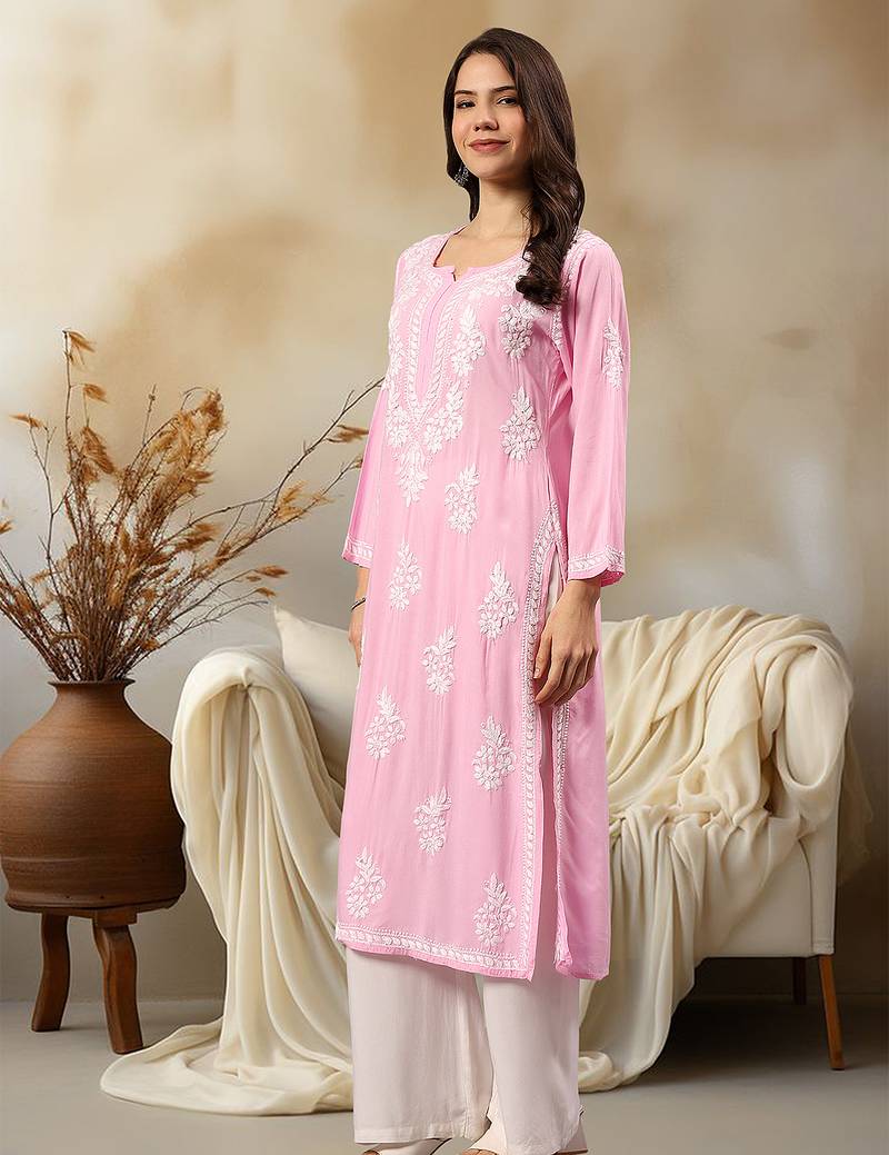 Seva chikan hand embroidered lucknowi chikankari pink rayon kurta scl4407