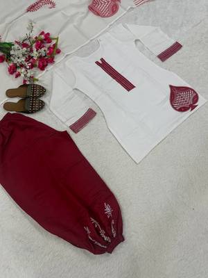 Women embroidered white & maroon cotton afghani salwar suit set with dupatta 4