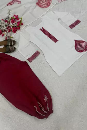 Women embroidered white & maroon cotton afghani salwar suit set with dupatta