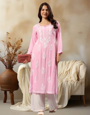 Seva chikan hand embroidered lucknowi chikankari pink rayon kurta scl4407 5
