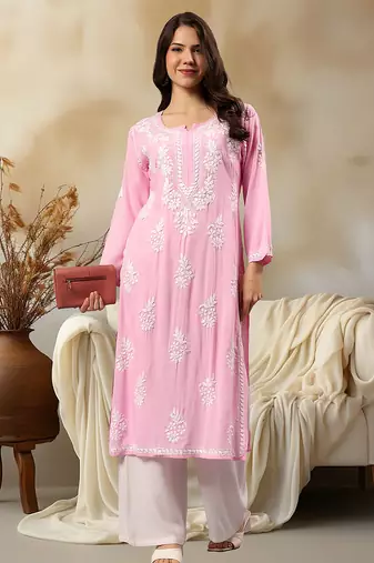 Seva chikan hand embroidered lucknowi chikankari pink rayon kurta scl4407