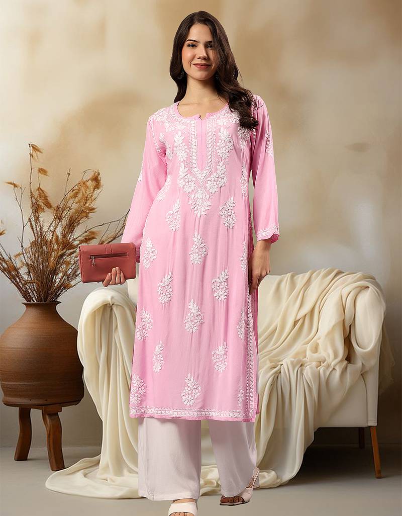 Seva chikan hand embroidered lucknowi chikankari pink rayon kurta scl4407