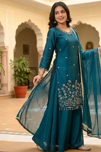 Women teal blue embroidered kurta palazzo set with dupatta