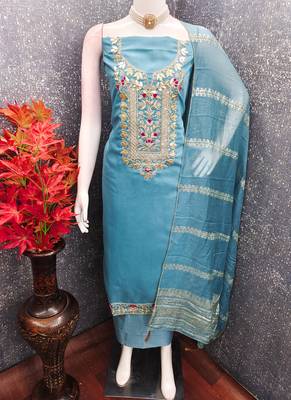 Sky blue roman silk embroidered unstitched suit with heavy santoon bottom and chanderi jacquard dupatta 2