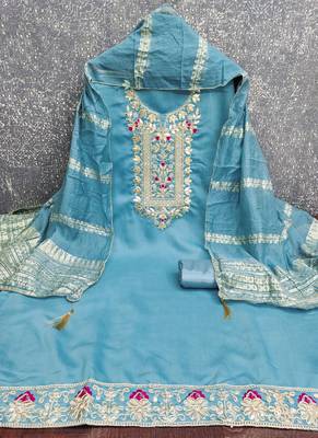 Sky blue roman silk embroidered unstitched suit with heavy santoon bottom and chanderi jacquard dupatta 3