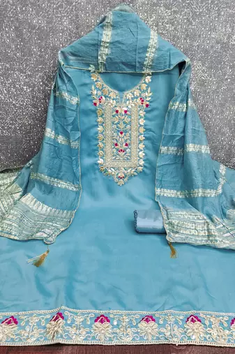 Sky blue roman silk embroidered unstitched suit with heavy santoon bottom and chanderi jacquard dupatta