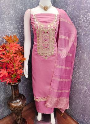 Pink roman silk embroidered unstitched suit with heavy santoon bottom and chanderi jacquard dupatta 2