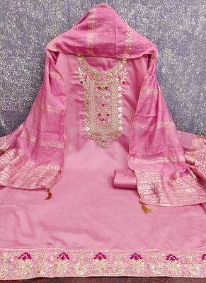 Pink roman silk embroidered unstitched suit with heavy santoon bottom and chanderi jacquard dupatta 3