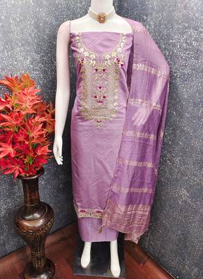 Purple roman silk embroidered unstitched suit with heavy santoon bottom and chanderi jacquard dupatta 2