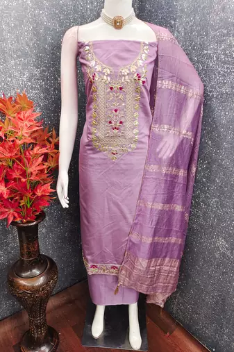 Purple roman silk embroidered unstitched suit with heavy santoon bottom and chanderi jacquard dupatta