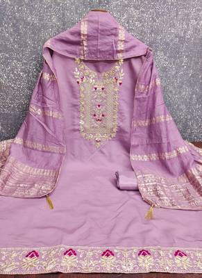 Purple roman silk embroidered unstitched suit with heavy santoon bottom and chanderi jacquard dupatta 3