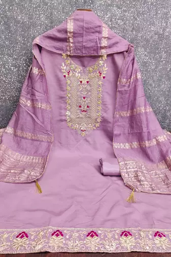 Purple roman silk embroidered unstitched suit with heavy santoon bottom and chanderi jacquard dupatta