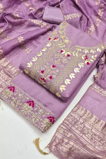 Purple roman silk embroidered unstitched suit with heavy santoon bottom and chanderi jacquard dupatta