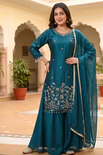 Women teal blue embroidered kurta palazzo set with dupatta