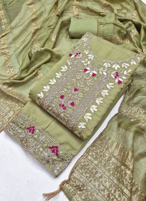 Green roman silk embroidered unstitched suit with heavy santoon bottom and chanderi jacquard dupatta 4