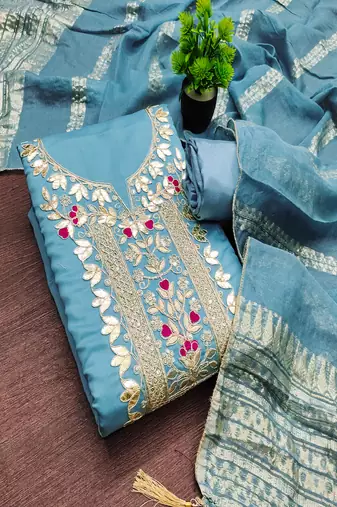 Sky blue roman silk embroidered unstitched suit with heavy santoon bottom and chanderi jacquard dupatta