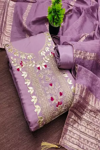Purple roman silk embroidered unstitched suit with heavy santoon bottom and chanderi jacquard dupatta