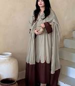 Women beige & chocolate  scallop hem embroidered kurta pant set with dupatta