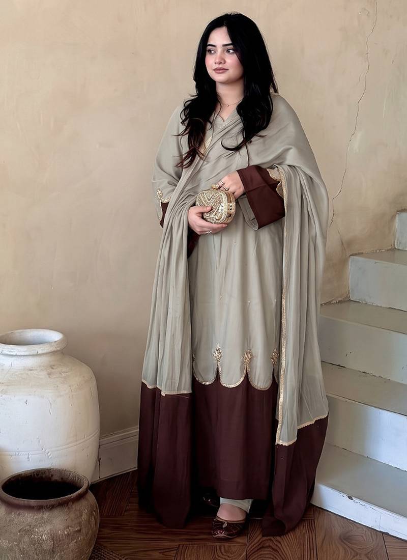 Women beige & chocolate  scallop hem embroidered kurta pant set with dupatta