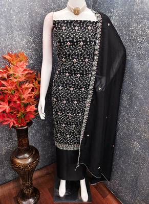 Black vichitra silk embroidered unstitched suit 2