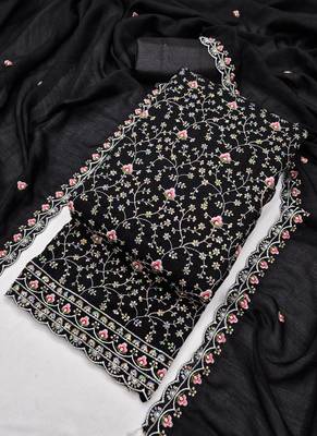 Black vichitra silk embroidered unstitched suit 4