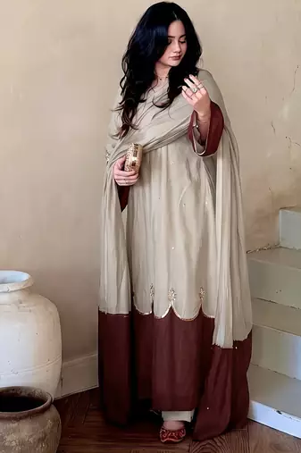 Women beige & chocolate  scallop hem embroidered kurta pant set with dupatta