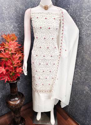White vichitra silk embroidered unstitched suit 2