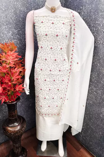 White vichitra silk embroidered unstitched suit