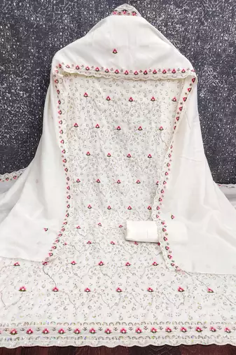 White vichitra silk embroidered unstitched suit
