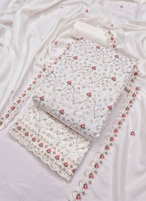 White vichitra silk embroidered unstitched suit 4