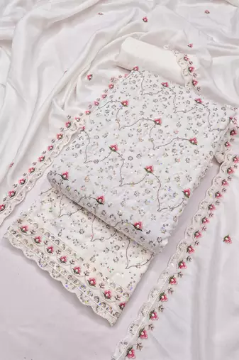 White vichitra silk embroidered unstitched suit