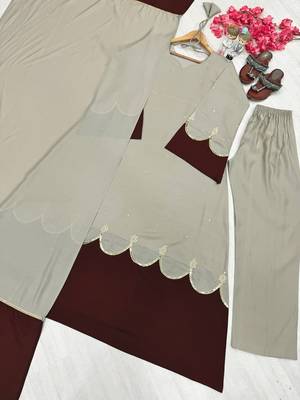 Women beige & chocolate  scallop hem embroidered kurta pant set with dupatta 4